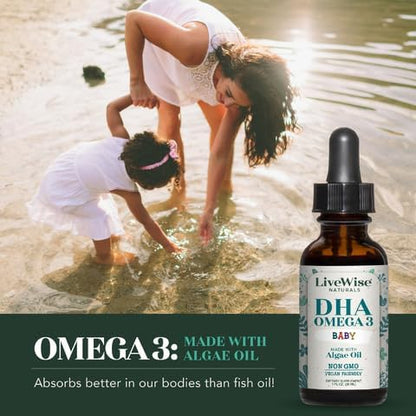 LiveWise Naturals DHA Omega-3 Liquid Drops, Suppplement for Infants and Toddlers, Vegan-Friendly, Great-Tasting Omega-3 Supplement with Pure Orange Oil, Promotes Healthy Brain, Eyes, and Body Defense