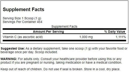 Swanson Vitamin C Powder 100% Pure Ascorbic Acid, Immune System Support, Skin Health, Cardiovascular Health, Antioxidant Supplement 1000 mg (per Serving) 1 lb. 454 g