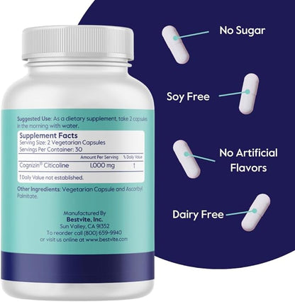 BESTVITE Cognizin 500mg (120 Vegetarian Capsules) (60x2) - Clinically Studied Premium Choline Nootropic - No Stearates - Vegan - Non GMO - Gluten Free - Brain Supplements for Memory and Focus