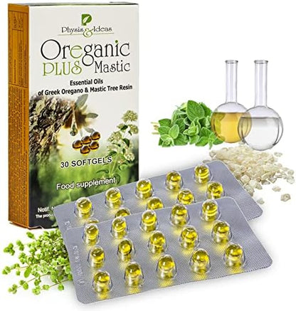 Oreganic Plus Mastic - Oregano Essential Oil Capsules & Chios Mastic Gum Oil - Wild Oregano Oil Capsules Organic - Immune Booster and Intestinal Support - Non-GMO - 30 Count Blister