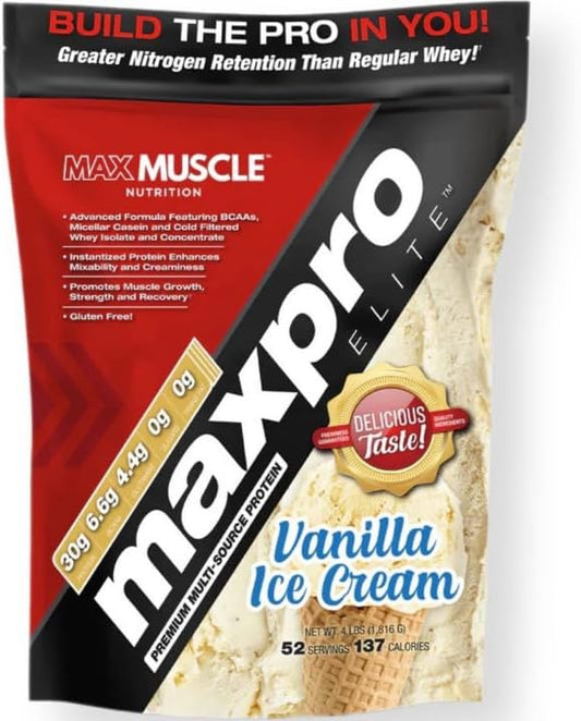 Max Muscle Maxpro Elite Whey Protein Powder | 30g Protein | 0g Sugar | 6.6g BCAAs | Micellar Casein Cold Filtered Whey Isolate Protein | Promotes Muscle Growth & Recovery (Vanilla Ice Cream, 4lb)