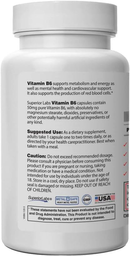 Superior Labs — Best Vitamin B6 Dietary Supplement — 50 mg Dosage,120 Vegetable Capsules —Supports Immune System Health — Healthy Brain Function — Cardiovascular Health Support