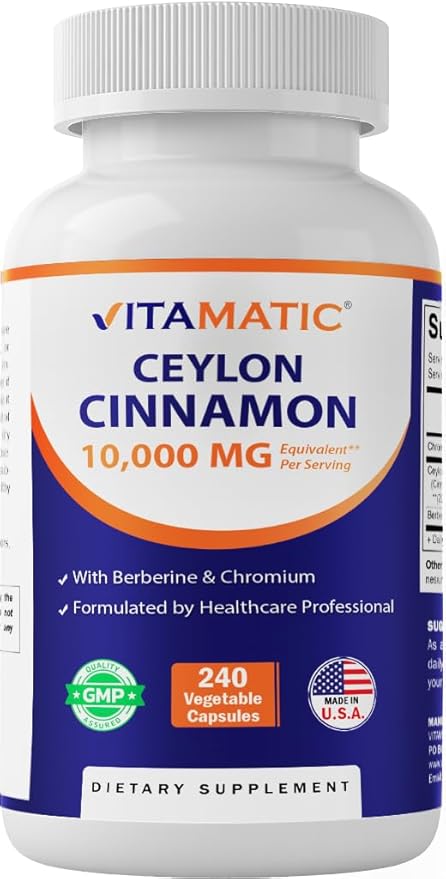 Vitamatic Ceylon Cinnamon 10000 mg Equivalent Per Serving (from 20:1 Extract 500 mg) with Berberine & Chromium - 240 Vegetable Capsules - Non-GMO & Gluten Free