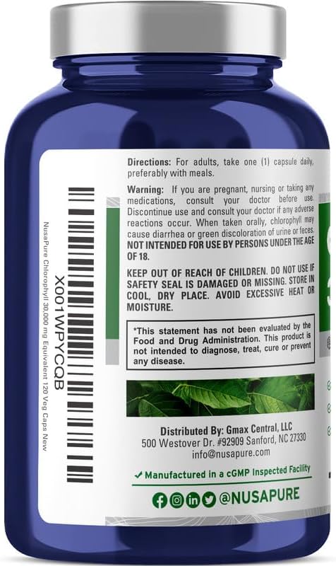 NusaPure Chlorophyll 30,000mg Equivalent per Capsule 120 Vegetarian Caps (Non-GMO, Vegan)