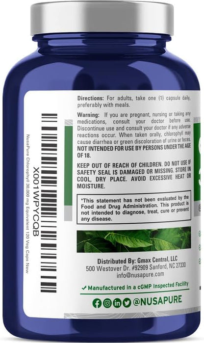NusaPure Chlorophyll 30,000mg Equivalent per Capsule 120 Vegetarian Caps (Non-GMO, Vegan)