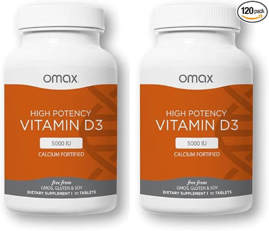 Omax3 Vitamin D3 5000 IU + Calcium, 60-Day Supply, Strong Bones, Muscles & Joints, Heart Health, Immunity, Non GMO, No Gluten, No Soy - 30 Tablets/per Bottle (Pack of 2)