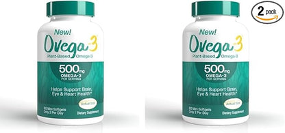 OVEGA-3 Plant-Based Omega-3 from Algal Oil Daily Supplement, 500mg, Supports Brain, Eye & Heart Health, Two Mini softgels per Day, 60 Count (Pack of 2)