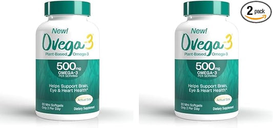 OVEGA-3 Plant-Based Omega-3 from Algal Oil Daily Supplement, 500mg, Supports Brain, Eye & Heart Health, Two Mini softgels per Day, 60 Count (Pack of 2)