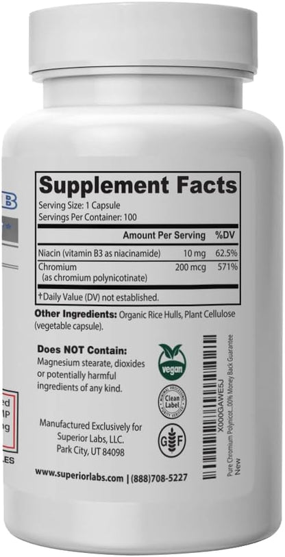 Pure Chromium Polynicotinate Supplement - Made in USA - 200mcg + Vitamin B3 for Optimal Absorption, Veggie Cap, 14 Week Supply
