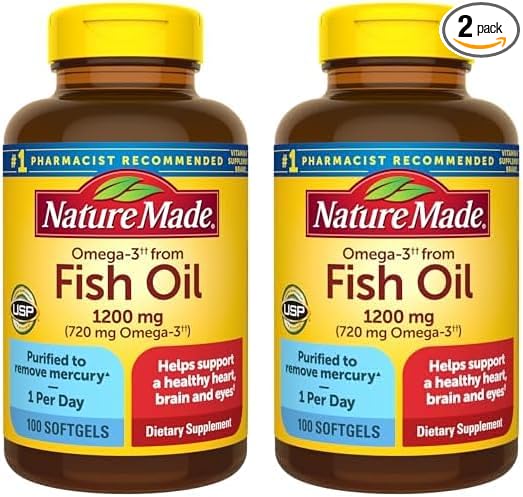 Nature Made Fish Oil Omega 3 Supplements, 1200mg Omega 3 Fish Oil Supplements as Ethyl Esters for Healthy Heart Brain Eyes Support, One Per Day, 100 Softgels (Pack of 2)