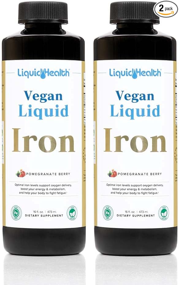 LIQUIDHEALTH Vegan Liquid Iron Supplement with SunActive & Ferrochel Fe - Natural Energy, Immune System & Metabolic Support, Increase Mental Clarity, Prenatal/Postnatal - USA Made, Non-GMO (2 Pack)