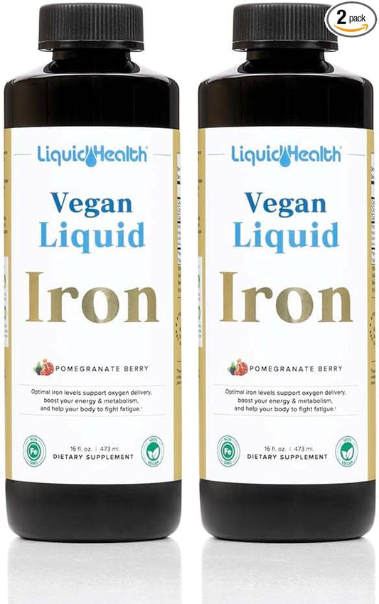 LIQUIDHEALTH Vegan Liquid Iron Supplement with SunActive & Ferrochel Fe - Natural Energy, Immune System & Metabolic Support, Increase Mental Clarity, Prenatal/Postnatal - USA Made, Non-GMO (2 Pack)