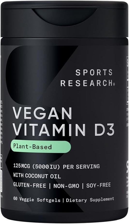Sports Research Vegan Vitamin D3 5000IU (125 mcg) with Coconut Oil | 100% Plant-Based Vitamin D for Bone, Joint & Immune Support | Carrageenan Free, Vegan Certified & Non-GMO Verified (60 Softgels)