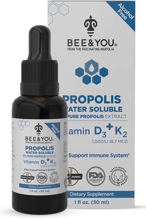 BEE and You Liquid Propolis Extract, Water Soluble, Vitamins D3+K2, High Potency, Immune Support Supplement, Sore Throat Relief, Antioxidants, Keto, Paleo, Gluten-Free, 1 Fl Oz (1 Pack)