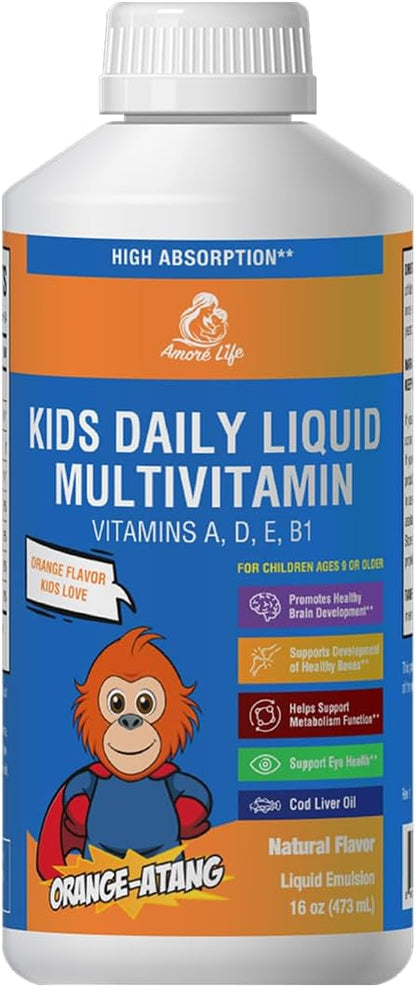 Daily Liquid Multivitamin for Kids, High Absorption with Vitamins A, D, E, B1 and Cod Liver Oil, Vitamin Supplements for Kids, Family Friendly, 16oz, Orange Flavor
