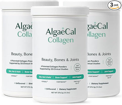 ALGAECAL Collagen: 4 Clinically-Supported Collagen Peptides VERISOL®, FORTIGEL®, UC-II®, FORTIBONE®, Anti-Aging Hydrolyzed Collagen Powder, 3 Packs, Made in USA