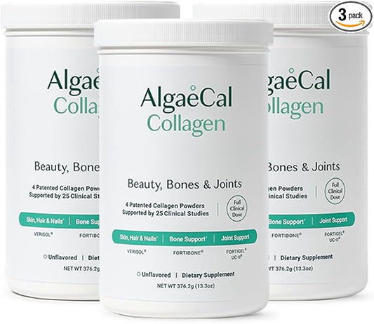 ALGAECAL Collagen: 4 Clinically-Supported Collagen Peptides VERISOL®, FORTIGEL®, UC-II®, FORTIBONE®, Anti-Aging Hydrolyzed Collagen Powder, 3 Packs, Made in USA