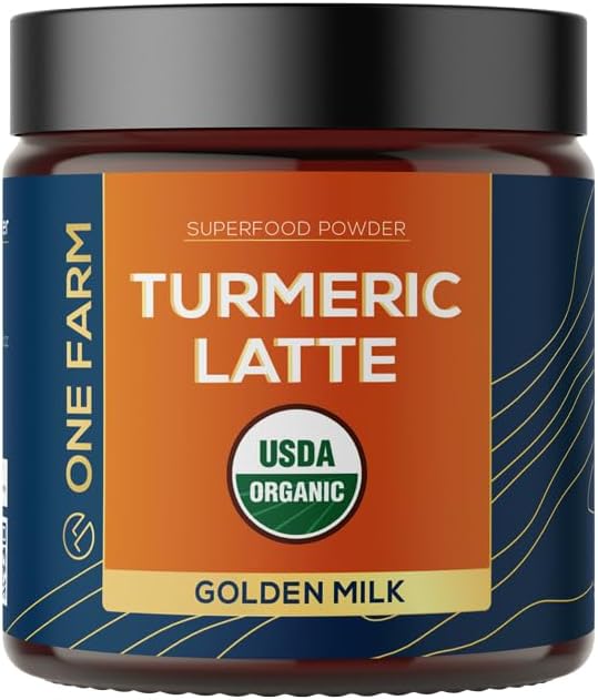 Turmeric Latte Powder - USDA Organic >5% Curcuminoid Turmeric, Lions Mane, Ashwagandha, Ginger, Cinnamon in a Resealable Glass Jar, 45 Servings - Perfect for Making Golden Milk