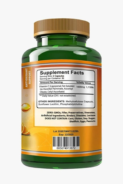 Liposomal Vitamin C - 100 Capsules - High Absorption Ascorbic Acid - May Support Immune System & Collagen Reinforcement no GMO Powerful Antioxidant