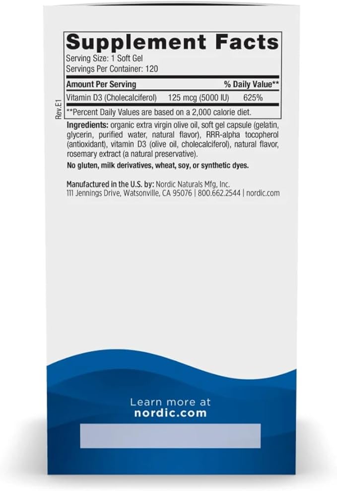 Nordic Naturals Vitamin D3 5000, Orange - 120 Mini Soft Gels - 5000 IU Vitamin D3 - Supports Healthy Bones, Mood & Immune System Function - Non-GMO - 120 Servings