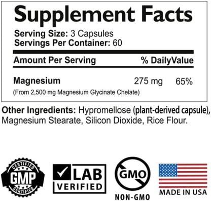 High Absorption Chelated Magnesium Glycinate, Supports Bone and Immune Health Daily Supplement, Chelated for Easier Digestion, 2 Month Supply, 180 Capsules