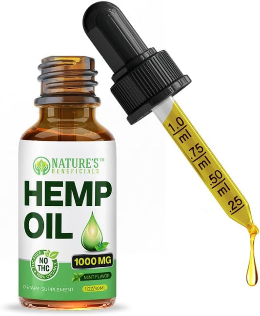 NATURE'S BENEFICIALS Organic Hemp Oil Extract Drops, 1000mg - Omega Fatty Acids 3 6 9, Non-GMO Ultra-Pure CO2 Extracted