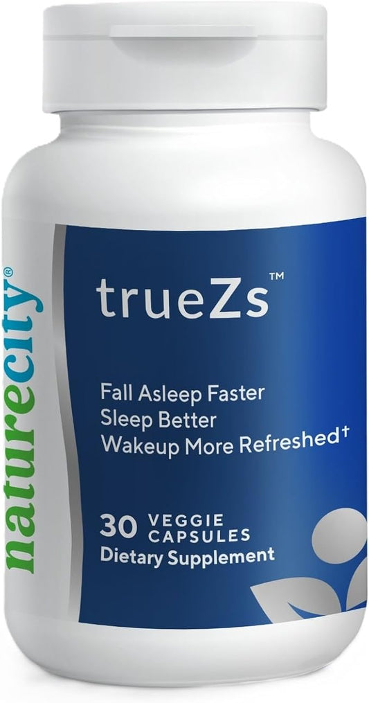 NatureCity TrueZs Melatonin-Free Natural Sleep Aids for Adults - Ashwagandha, L-Theanine, and Saffron Powder Sleep Pills to Support Falling and Staying Asleep (30 Veggie Capsules)
