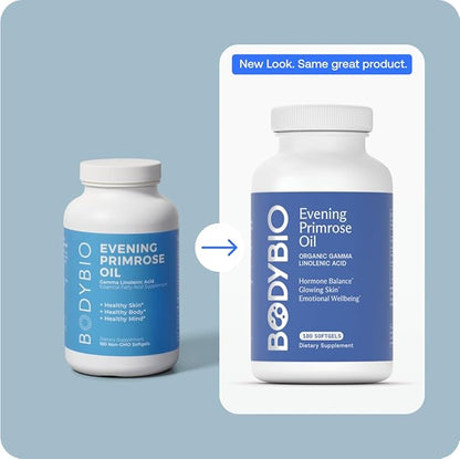 BodyBio Evening Primrose Oil - Natural Gamma Linolenic Acid for Healthy Skin & Hormone Balance - Non-GMO, Cold Pressed, 180 softgels