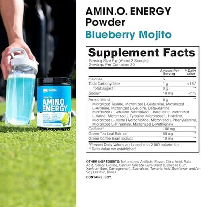 Optimum Nutrition Amino Energy - Pre Workout with Green Tea, BCAA, Amino Acids, Keto Friendly, Green Coffee Extract, Energy Powder - Blueberry Mojito, 30 Servings (Packaging May Vary)