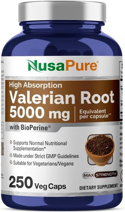 NusaPure Valerian Root 20:1 Extract, 250 mg Equivalent to 5000mg Per Veggie Caps, 250 Count, Vegan, Non-GMO, Bioperine