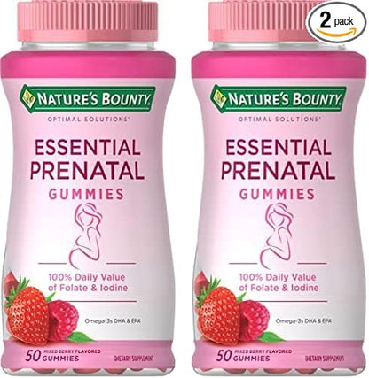 Nature's Bounty Essential Prenatal Gummies, Folic Acid and Iodine, Omega 3 and DHA, 50 Count (Pack of 2)