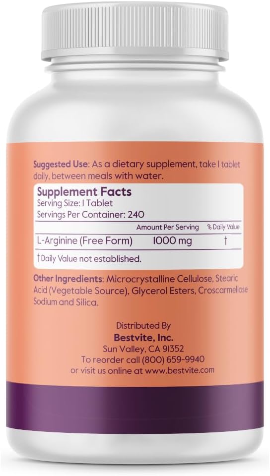 BESTVITE L-Arginine 1000mg (480 Tablets) (240 x 2) containing 20% More Pure L-Arginine as Compared to L-Arginine HCL Products