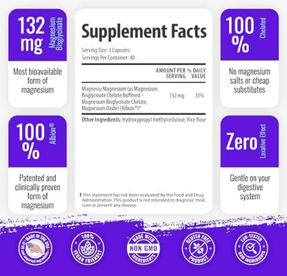 Magnesium Bisglycinate Chelate 2 Pack - Reduce Muscle Cramps and Improve Sleep Maximum Absorption with no Laxative Effects 100% Chelated 44 mg of Pure Magnesium Bisglycinate Per Capsule