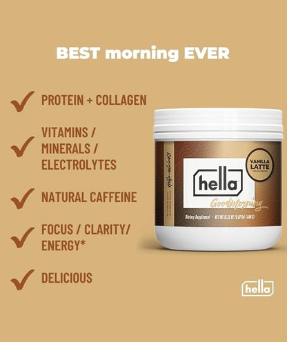 Hella Nutrition Goodmorning Coffee Alternative Natural Caffeine with Mushroom Coffee Substitute | Protein, Collagen, Vitamins B-12 & D, Electrolytes, & Minerals | Non GMO (20 Servings, Vanilla Latte)