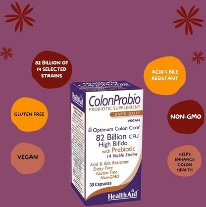ColonProbio 82 Billion with Prebiotic, 14 Strains, Once Daily, 30ct, Optimum Colon Care, Acid & Bile Resistant, Dairy Free, Gluten Free, Non-GMO