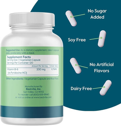 BESTVITE Vitamin B-6 200mg (240 Vegetarian Capsules) (2-Pack) - No Stearates - No Flow Agents