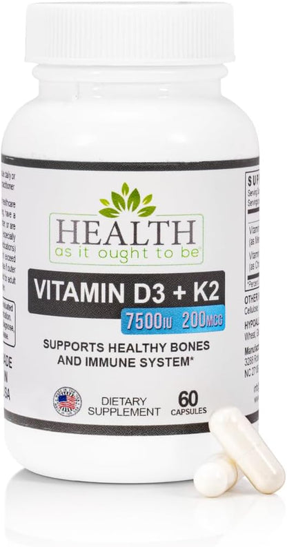 Health As It Ought To Be Vitamin D3+K2 Supplement | Supports Healthy Bones and Immune Health | 60 Capsules