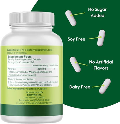 BESTVITE Relora 250mg (240 Vegetarian Capsules) (120 x 2) No Fillers - No Stearates - No Flow Agents