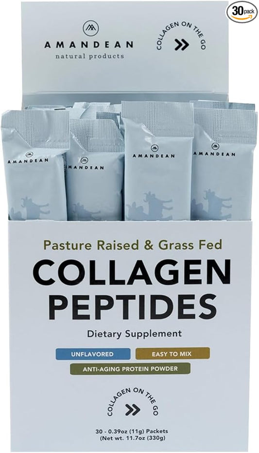 AMANDEAN Collagen Peptides Powder Packets | 30 Individual Stick Packs | Grass-Fed Hydrolyzed Collagen Protein | Unflavored, Easy to Mix | Travel Friendly | Promotes Healthy Gut, Skin, Hair, Nails.