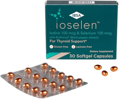 Ioselen - Thyroid Support Supplement – 100 mcg Selenium, 100 mcg Iodine, 5mg BioPerine - 30 Soft-Gel Caps for Increased Bioavailability and Absorption - Gluten-Free, Lactose-Free, Sugar-Free, Non-GMO