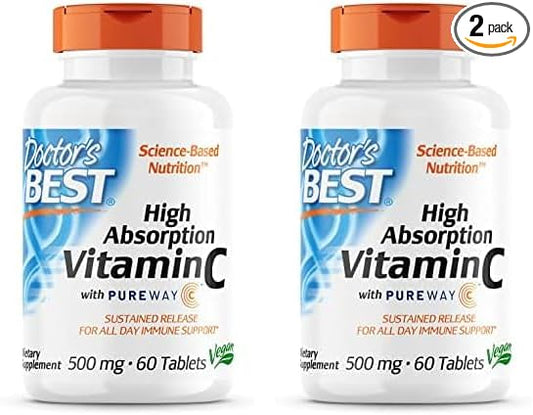 Doctor's BEST 12-Hour Vitamin C 500mg with PureWay-C, Supports Immune System, Potent Antioxidant 60 Tablets (Pack of 2)