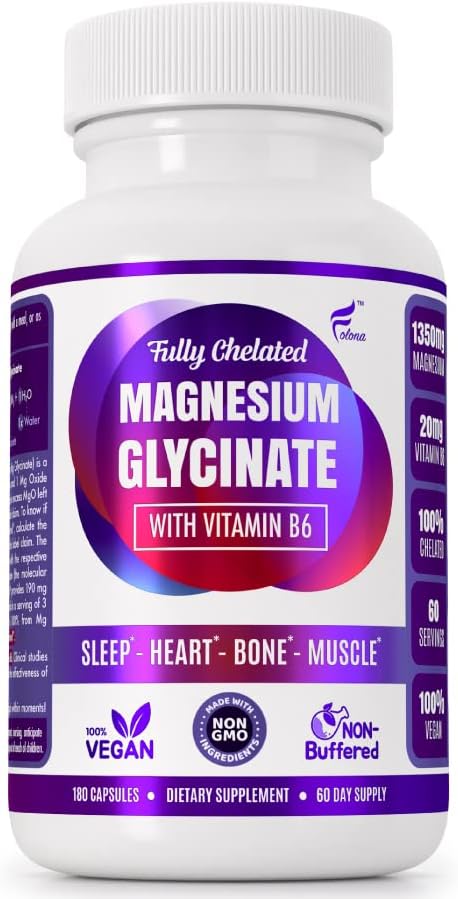 Magnesium Glycinate with Vitamin B6 Research Proven to Enhance Absorption, 1350mg Fully Chelated - Supports Sleep, Stress Relief, Energy, Muscle Cramps - Gluten Free, NonGMO, 180 Vegan Capsules