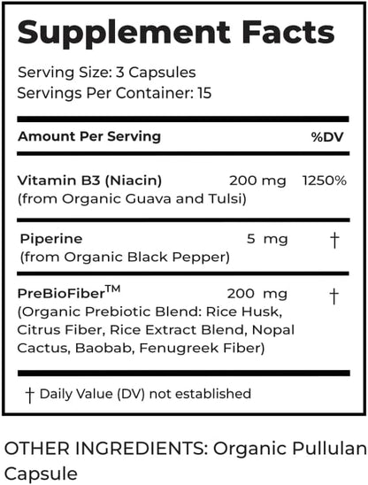 Vitamin B3 (Niacin) Supplement 200mg - from Organic Guava and Tulsi - 45 Capsules, 15-Day Supply - for Women and Men