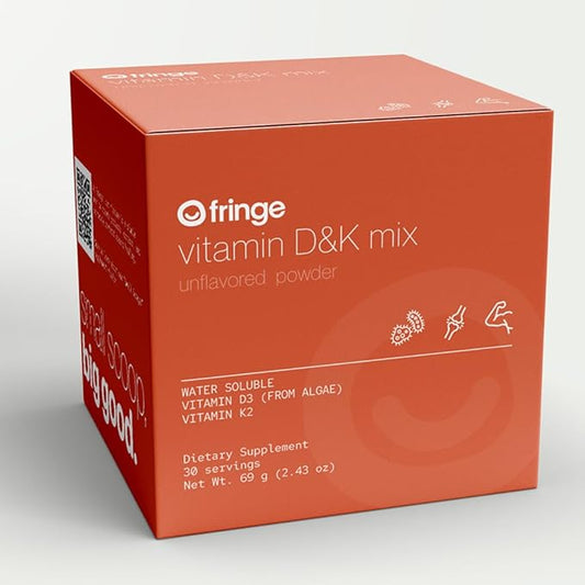 Fringe Vitamin D3 and K2 Mix Powder, Water Soluble Bio-Available, D3 from Algae, Vitamin K2 MK-7 from Natto, Vegan, Unflavored (30 Servings, Vitamin D & K Mix)
