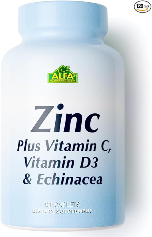 ALFA VITAMINS Zinc + Vitamin C, D3 & Echinacea Supplements, Immune Support Formula with Enhanced Absorption, Supports Bone Health, Immune Function, and Antioxidant Protection, 120 Caplets
