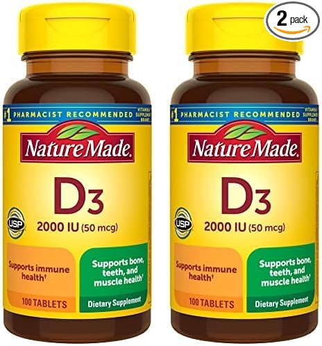 Nature Made Vitamin D3 2000 IU (50 mcg), Dietary Supplement for Bone, Teeth, Muscle and Immune Health Support, 100 Tablets, 100 Day Supply (Pack of 2)