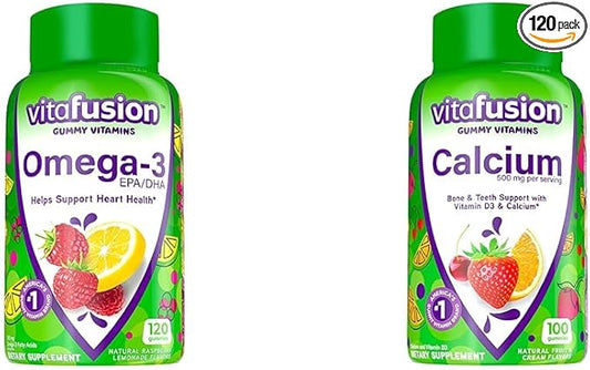 Vitafusion Omega-3 Gummy Vitamins, Berry Lemonade Flavored, Heart Health Vitamins(1) & Chewable Calcium Gummy Vitamins for Bone and Teeth Support, Fruit and Cream Flavored