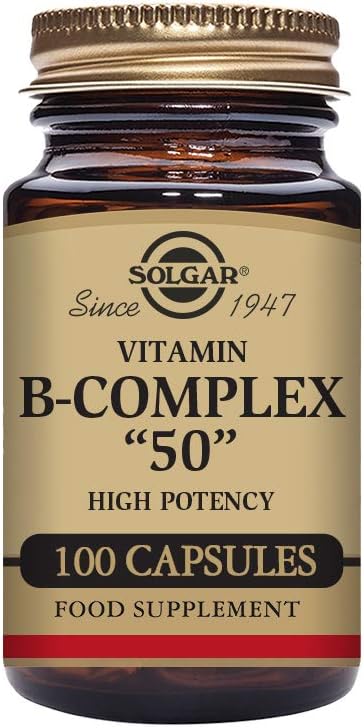 Solgar BComplex “50” Vegetable Capsules Energy Metabolism Cardiovascular Support Nervous System Support NonGMO Vegan Gluten Free Dairy Free Kosher Halal Servings, Standard Packagaing, 100 Count