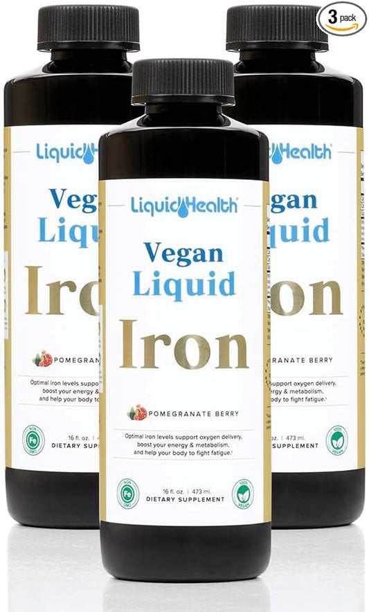 LIQUIDHEALTH Vegan Liquid Iron Supplement with SunActive & Ferrochel Fe - Natural Energy, Immune System & Metabolic Support, Increase Mental Clarity, Prenatal/Postnatal - USA Made, Non-GMO (3 Pack)