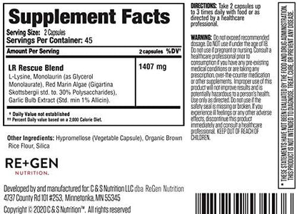 Re+Gen Nutrition Lysine Rescue, Amino Acid Supplement for Stronger Immune Health & Collagen Synthesis in Women & Men, Promotes Lips & Skin Health, Natural, Pure L-lysine, 90 Capsules, 45 Day Supply
